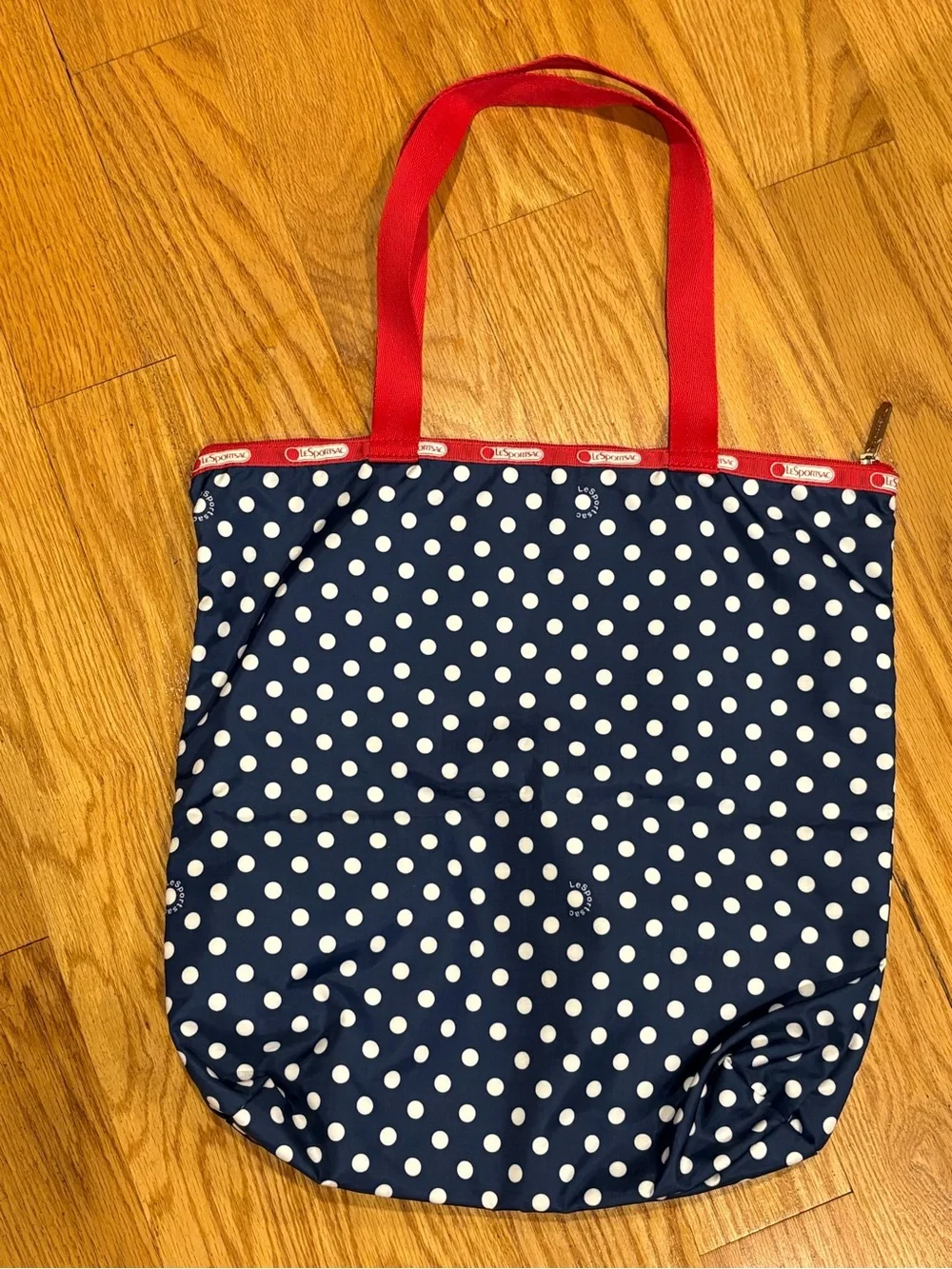 Lesportsac Navy Polka Dot Tote with Gold Sequin Anchor and Red Handles